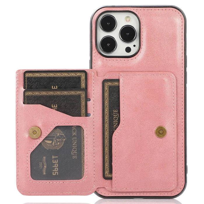 For iPhone 15 Pro Max Drop-proof Phone Case PU Leather + TPU Card Holder Kickstand Back Cover - Rose Gold - 1