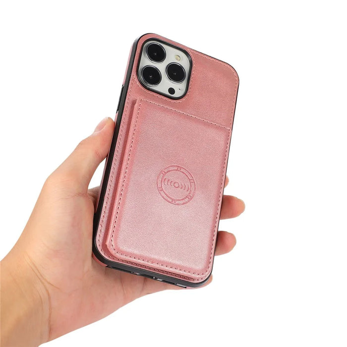 For iPhone 15 Pro Max Drop-proof Phone Case PU Leather + TPU Card Holder Kickstand Back Cover - Rose Gold - 5