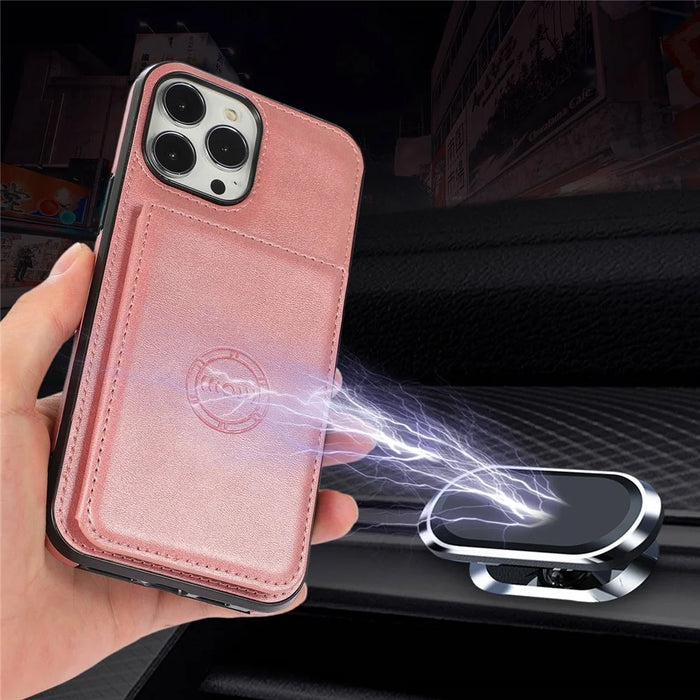 For iPhone 15 Pro Max Drop-proof Phone Case PU Leather + TPU Card Holder Kickstand Back Cover - Rose Gold - 6