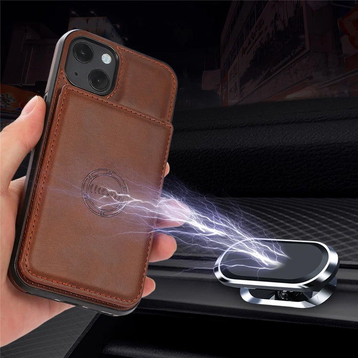 For iPhone 15 Plus PU Leather + TPU Phone Case Card Holder Kickstand Mobile Phone Protective Cover - Coffee - 6