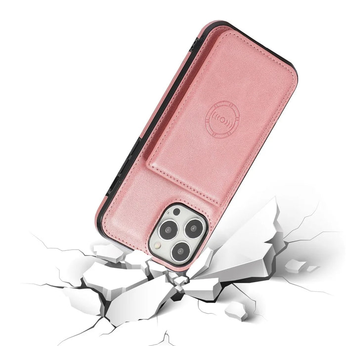 For iPhone 15 Pro Card Holder Kickstand Phone Case PU Leather + TPU Anti-scratch Phone Protective Cover - Rose Gold - 4