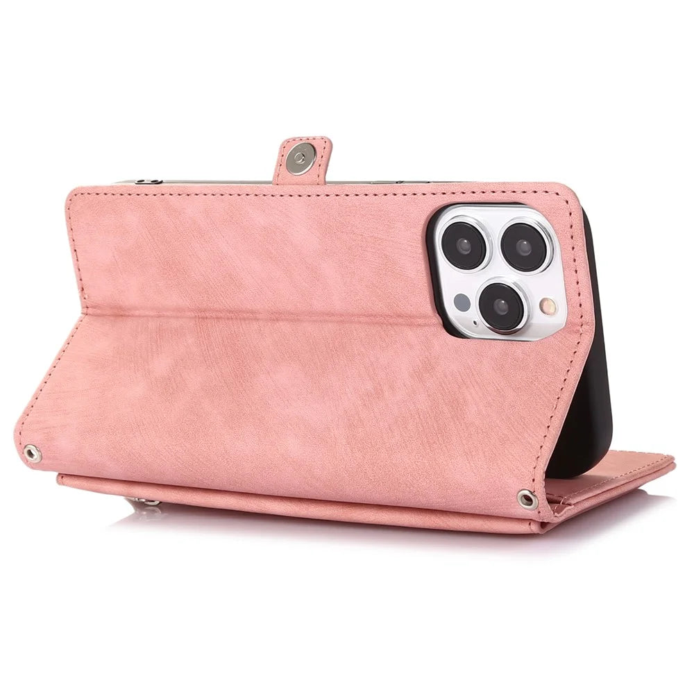 For iPhone 15 Pro Multifunction PU Leather Wallet Phone Case Zipper Pocket Phone Cover with 9 Card Slots - Rose Gold - 4