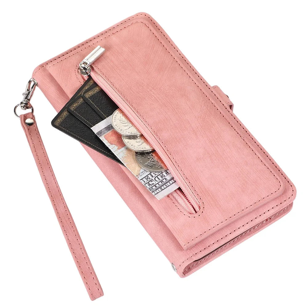 For iPhone 15 Pro Multifunction PU Leather Wallet Phone Case Zipper Pocket Phone Cover with 9 Card Slots - Rose Gold - 7