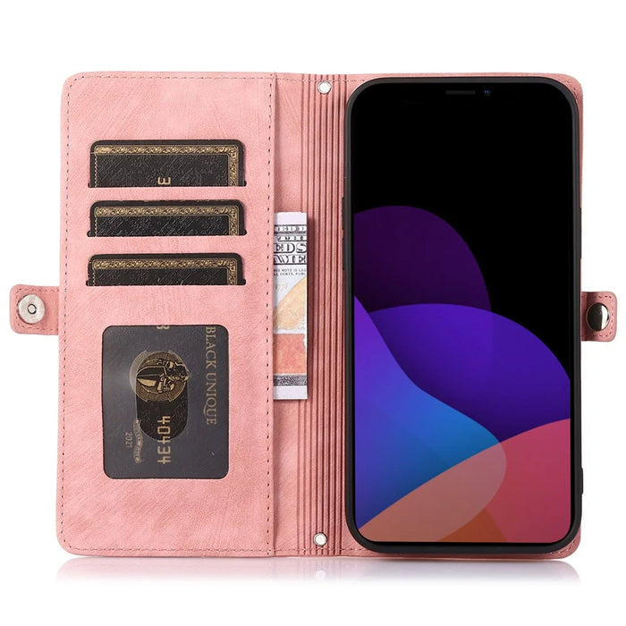 PU Leather Wallet Phone Case For iPhone 15 Plus , Zipper Pocket Phone Shell Cover with 9 Card Slots - Pink - 2