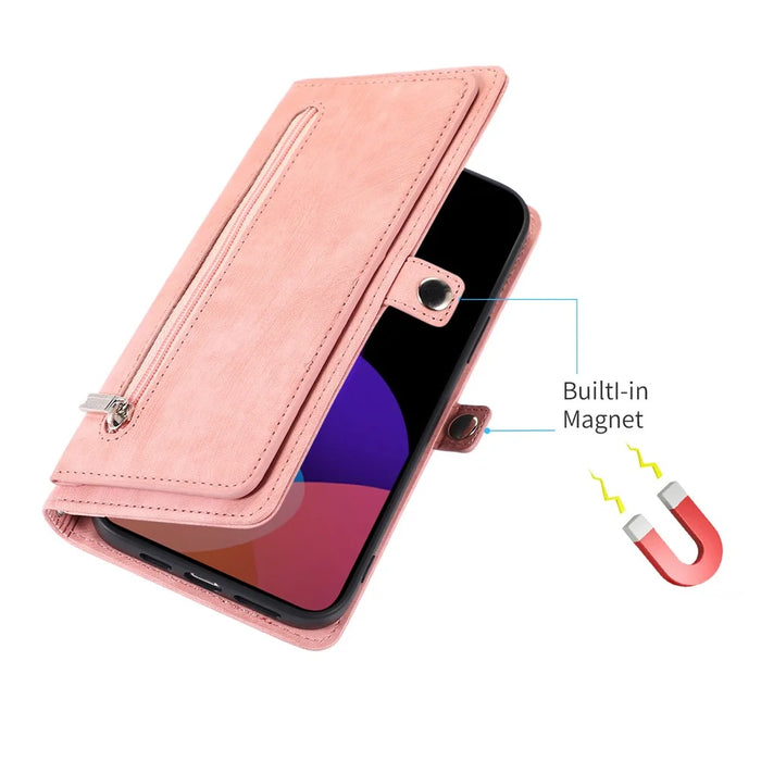 PU Leather Wallet Phone Case For iPhone 15 Plus , Zipper Pocket Phone Shell Cover with 9 Card Slots - Pink - 6