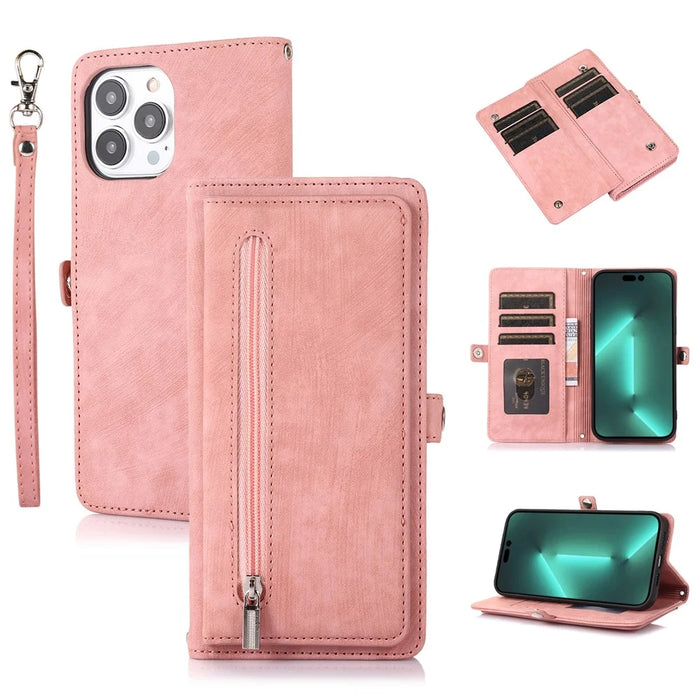 For iPhone 15 Pro Max Cell Phone Case 9 Card Slots Zipper Pocket Multifunction PU Leather Wallet Phone Cover - Rose Gold - 1