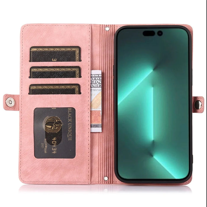 For iPhone 15 Pro Max Cell Phone Case 9 Card Slots Zipper Pocket Multifunction PU Leather Wallet Phone Cover - Rose Gold - 2