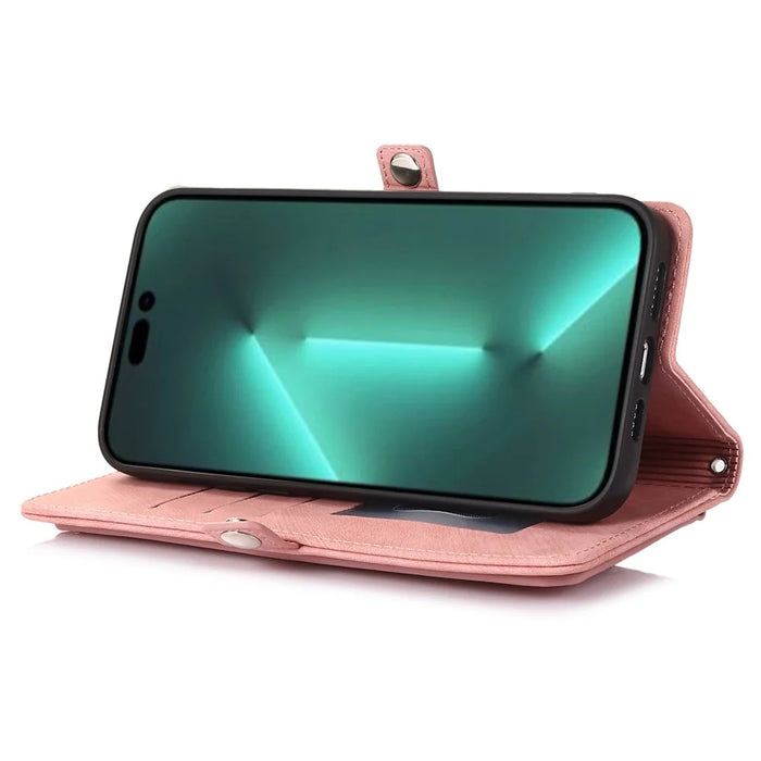 For iPhone 15 Pro Max Cell Phone Case 9 Card Slots Zipper Pocket Multifunction PU Leather Wallet Phone Cover - Rose Gold - 3
