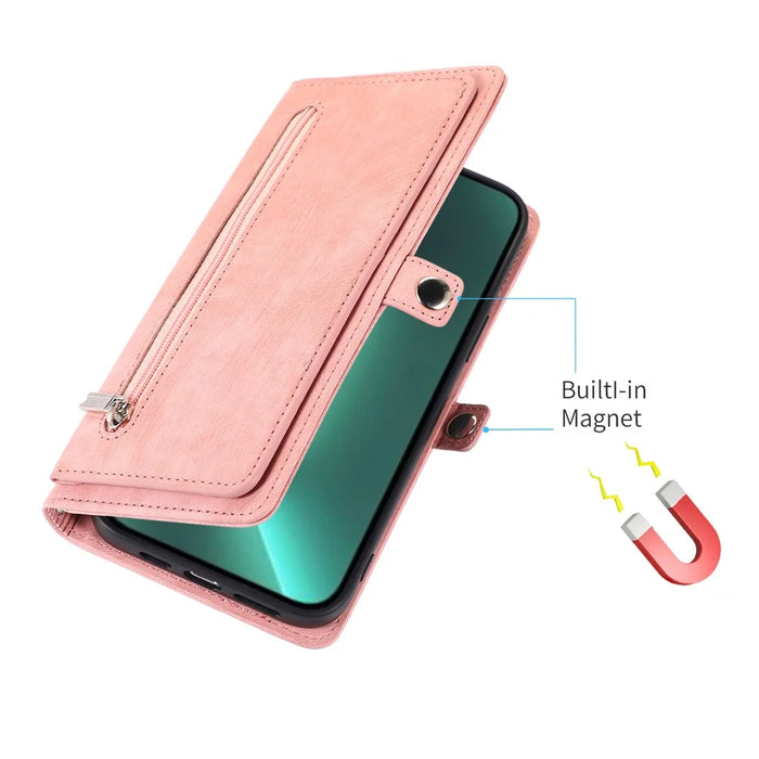 For iPhone 15 Pro Max Cell Phone Case 9 Card Slots Zipper Pocket Multifunction PU Leather Wallet Phone Cover - Rose Gold - 6