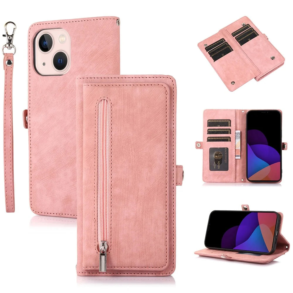 For iPhone 15 Zipper Pocket Phone Case 9 Card Slots Multifunction PU Leather Wallet Phone Case - Rose Gold - 1