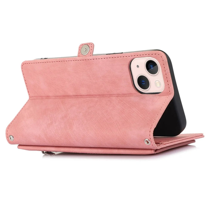 For iPhone 15 Zipper Pocket Phone Case 9 Card Slots Multifunction PU Leather Wallet Phone Case - Rose Gold - 4