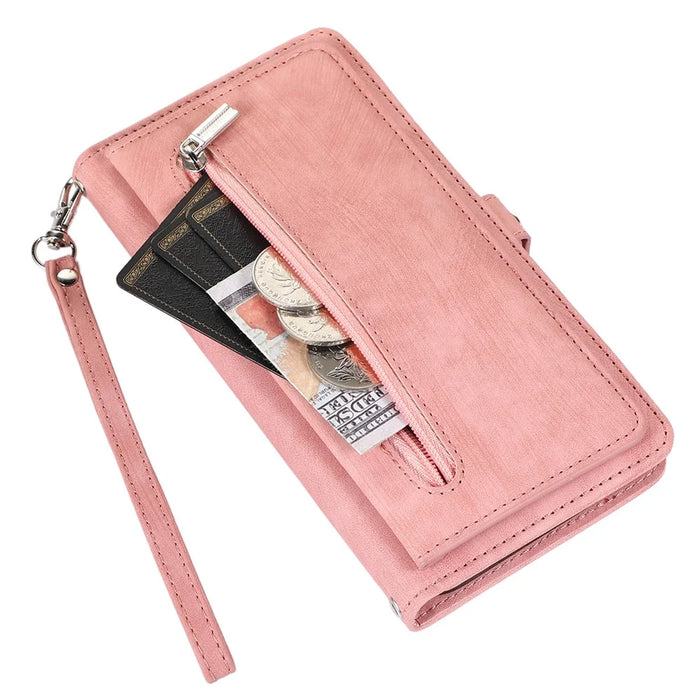 For iPhone 15 Zipper Pocket Phone Case 9 Card Slots Multifunction PU Leather Wallet Phone Case - Rose Gold - 7