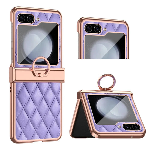 Stitching Line Imprinted Phone Case for Samsung Galaxy Z Flip5 5G PU+PC Kickstand Electroplating Phone Cover - Purple - 1