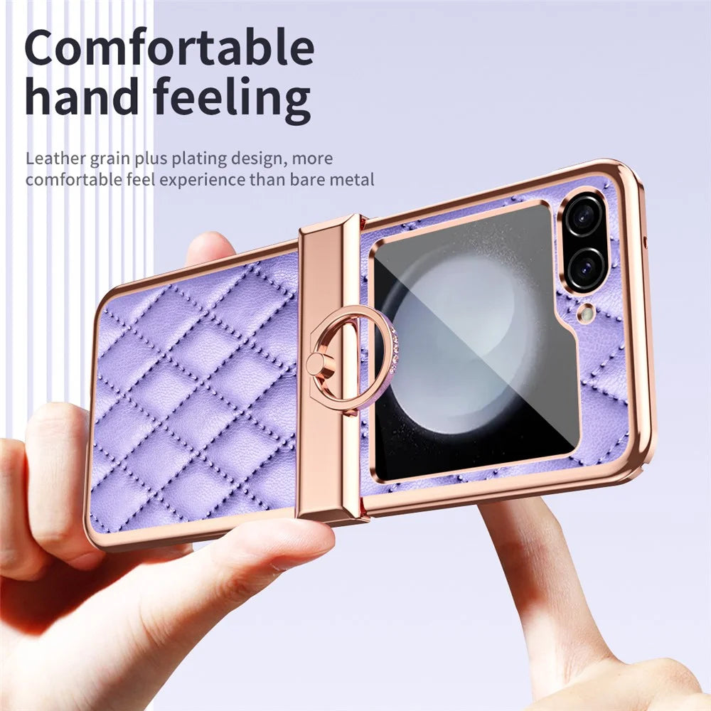 Stitching Line Imprinted Phone Case for Samsung Galaxy Z Flip5 5G PU+PC Kickstand Electroplating Phone Cover - Purple - 2