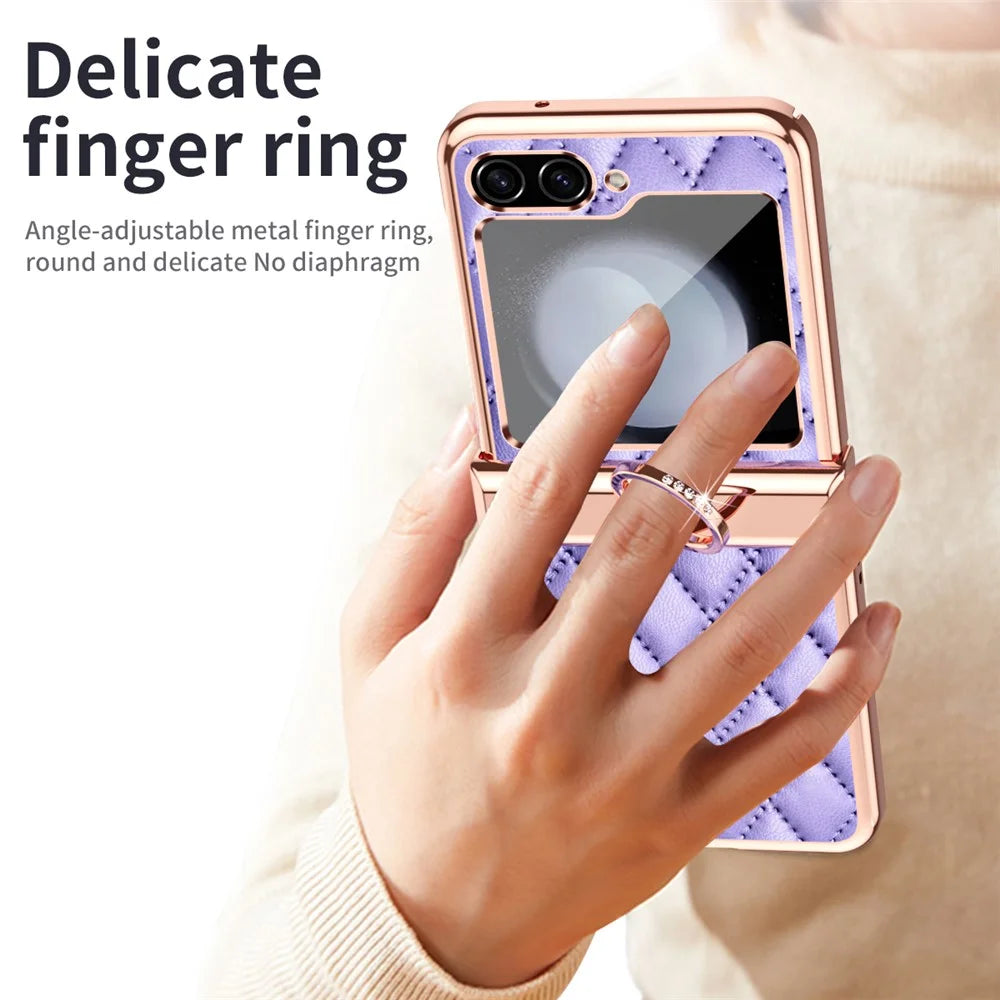 Stitching Line Imprinted Phone Case for Samsung Galaxy Z Flip5 5G PU+PC Kickstand Electroplating Phone Cover - Purple - 3