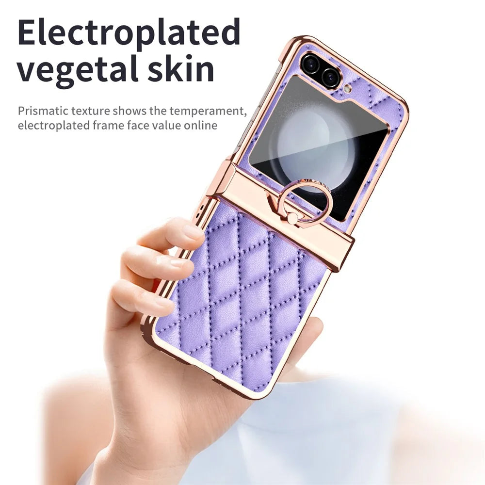 Stitching Line Imprinted Phone Case for Samsung Galaxy Z Flip5 5G PU+PC Kickstand Electroplating Phone Cover - Purple - 4