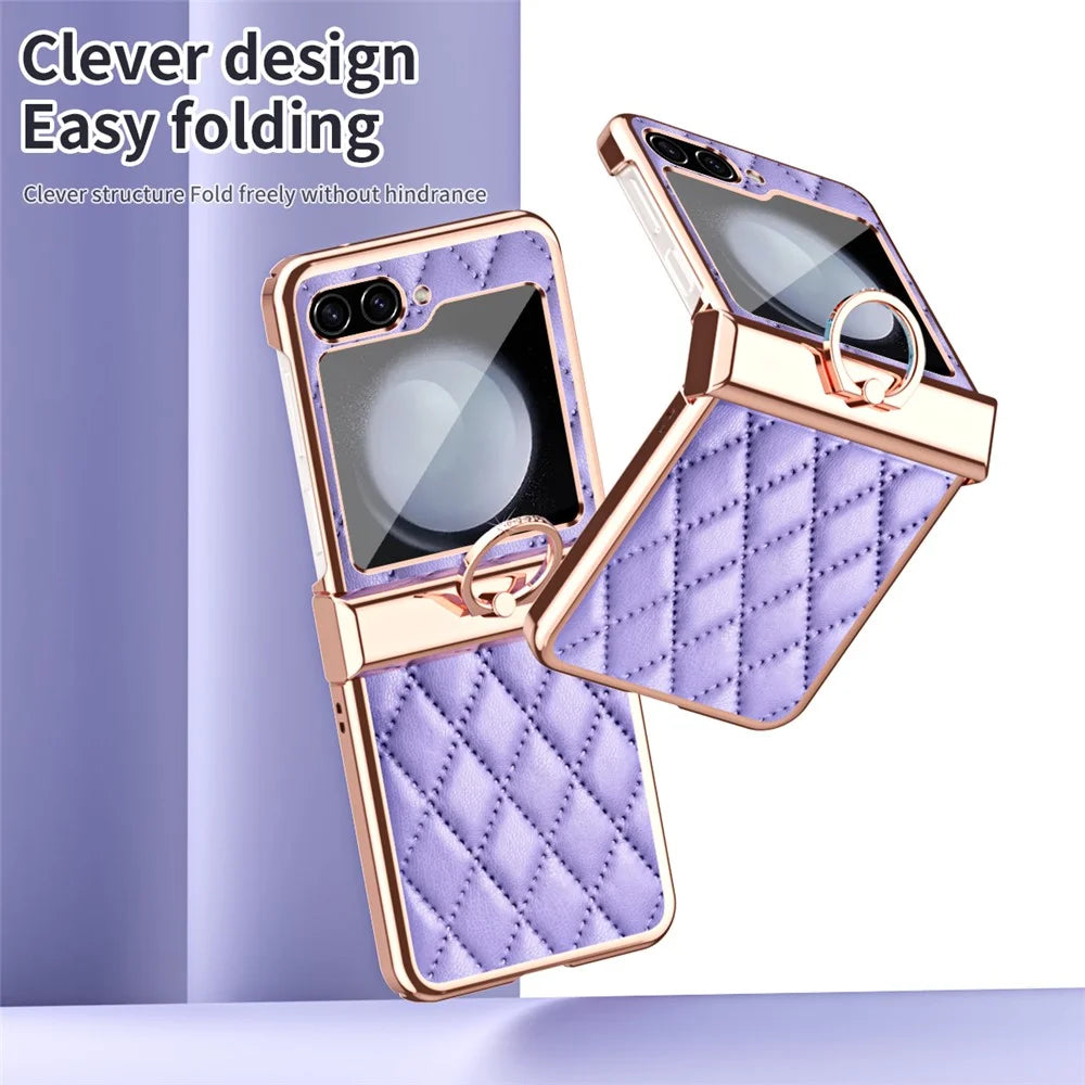 Stitching Line Imprinted Phone Case for Samsung Galaxy Z Flip5 5G PU+PC Kickstand Electroplating Phone Cover - Purple - 5