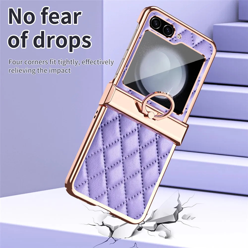 Stitching Line Imprinted Phone Case for Samsung Galaxy Z Flip5 5G PU+PC Kickstand Electroplating Phone Cover - Purple - 7