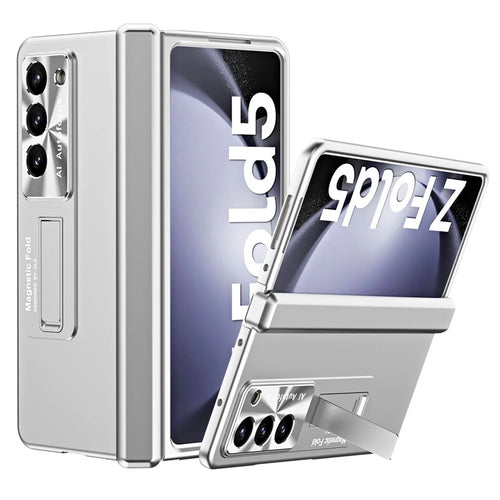 For Samsung Galaxy Z Fold5 5G Hinge Protection Phone Case Electroplating PC Phone Cover with Kickstand - Silver - 1