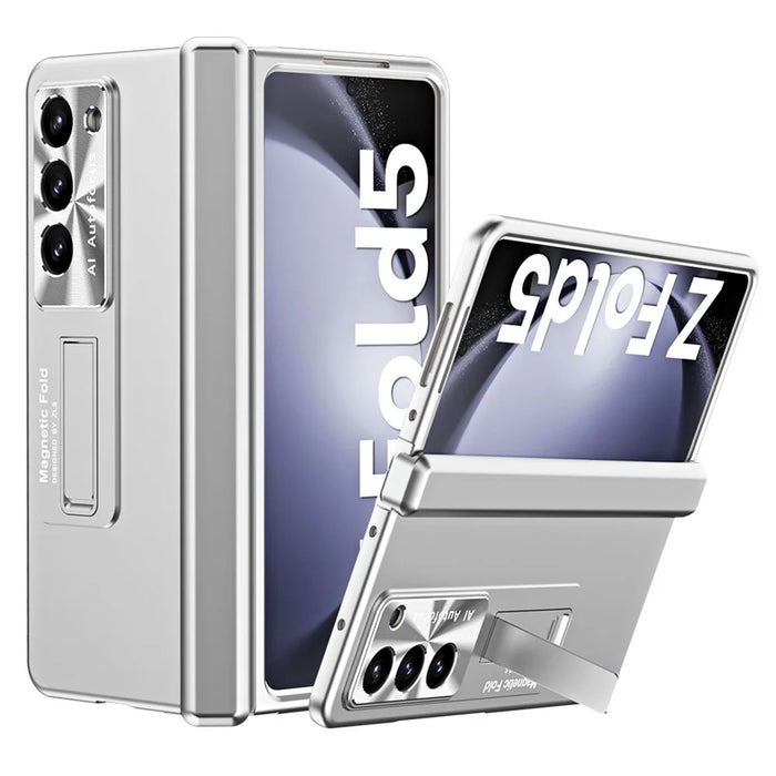 For Samsung Galaxy Z Fold5 5G Hinge Protection Phone Case Electroplating PC Phone Cover with Kickstand - Silver - 1