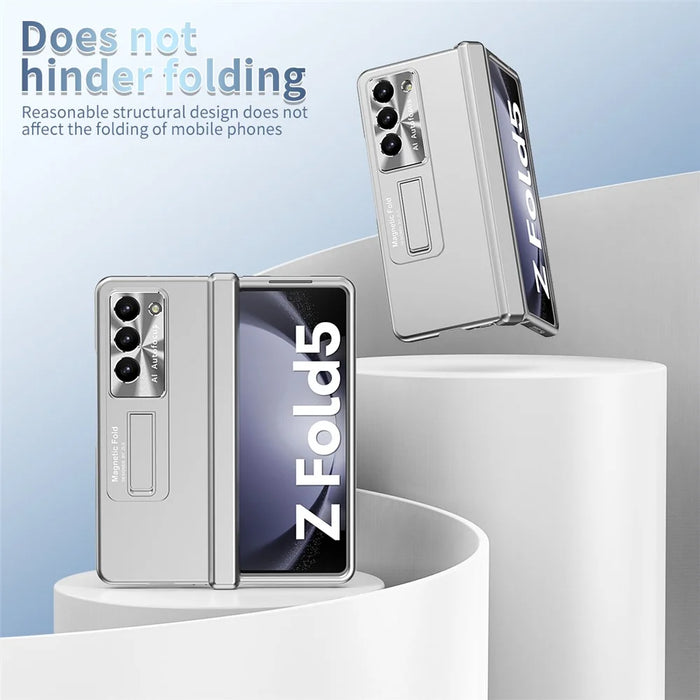 For Samsung Galaxy Z Fold5 5G Hinge Protection Phone Case Electroplating PC Phone Cover with Kickstand - Silver - 6