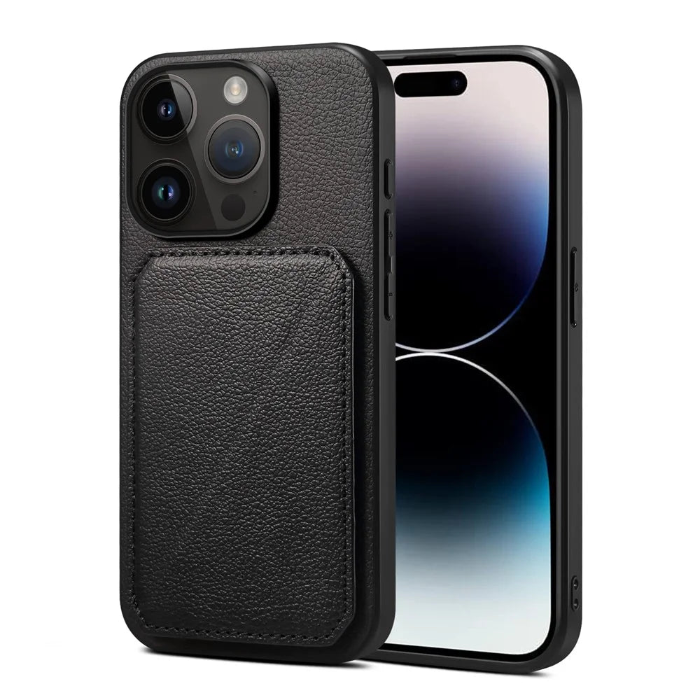 Protective Phone Case for iPhone 15 Pro Card Slot Kickstand Case Calf Texture PU+PC+TPU Phone Cover - Black - 1