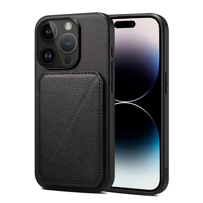 Protective Phone Case for iPhone 15 Pro Card Slot Kickstand Case Calf Texture PU+PC+TPU Phone Cover - Black - 1