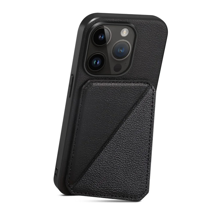 Protective Phone Case for iPhone 15 Pro Card Slot Kickstand Case Calf Texture PU+PC+TPU Phone Cover - Black - 2