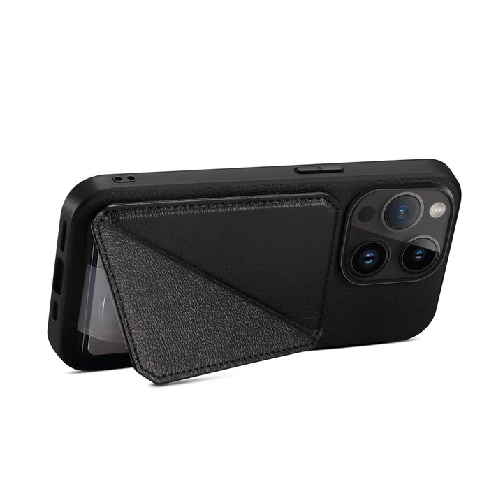 Protective Phone Case for iPhone 15 Pro Card Slot Kickstand Case Calf Texture PU+PC+TPU Phone Cover - Black - 3