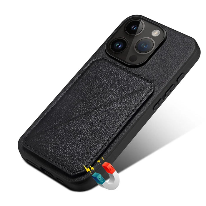 Protective Phone Case for iPhone 15 Pro Card Slot Kickstand Case Calf Texture PU+PC+TPU Phone Cover - Black - 4