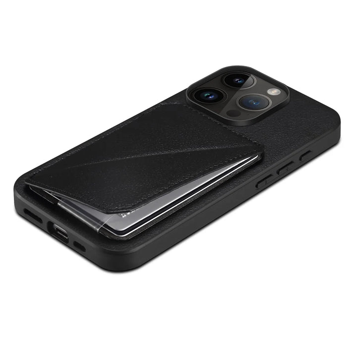 Protective Phone Case for iPhone 15 Pro Card Slot Kickstand Case Calf Texture PU+PC+TPU Phone Cover - Black - 5