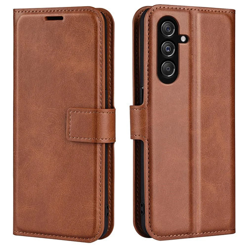For Samsung Galaxy F34 5G / M34 5G Calf Texture Wallet Stand Cell Phone Cover Magnetic Closure PU Leather Case - Light Brown - 1