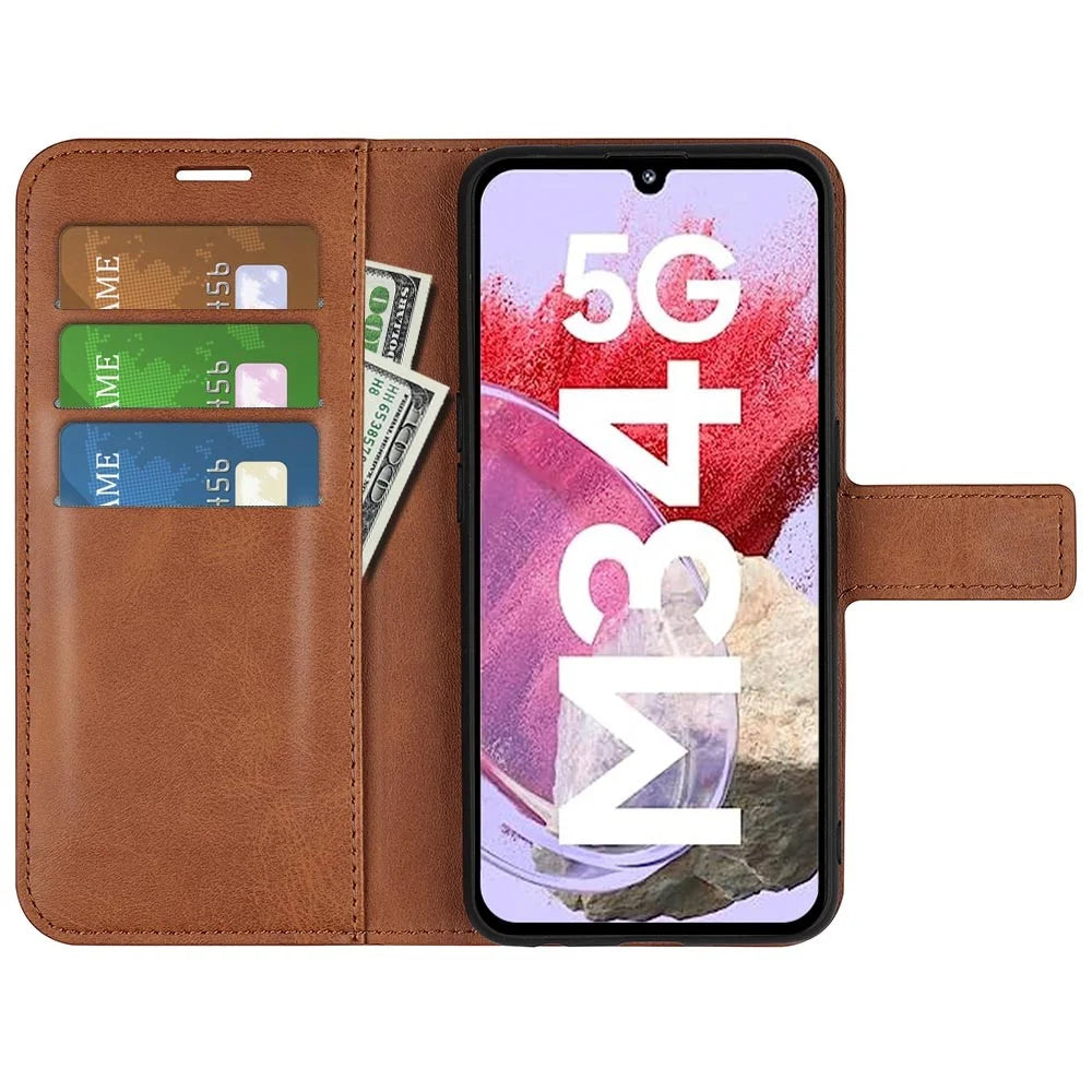 For Samsung Galaxy F34 5G / M34 5G Calf Texture Wallet Stand Cell Phone Cover Magnetic Closure PU Leather Case - Light Brown - 2