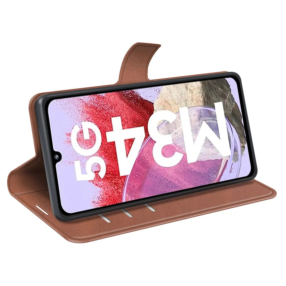 For Samsung Galaxy F34 5G / M34 5G Calf Texture Wallet Stand Cell Phone Cover Magnetic Closure PU Leather Case - Light Brown - 3
