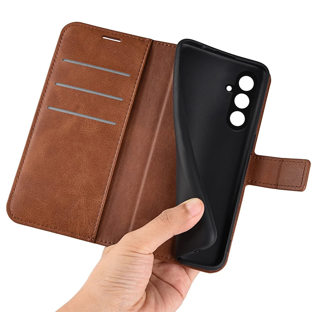 For Samsung Galaxy F34 5G / M34 5G Calf Texture Wallet Stand Cell Phone Cover Magnetic Closure PU Leather Case - Light Brown - 4