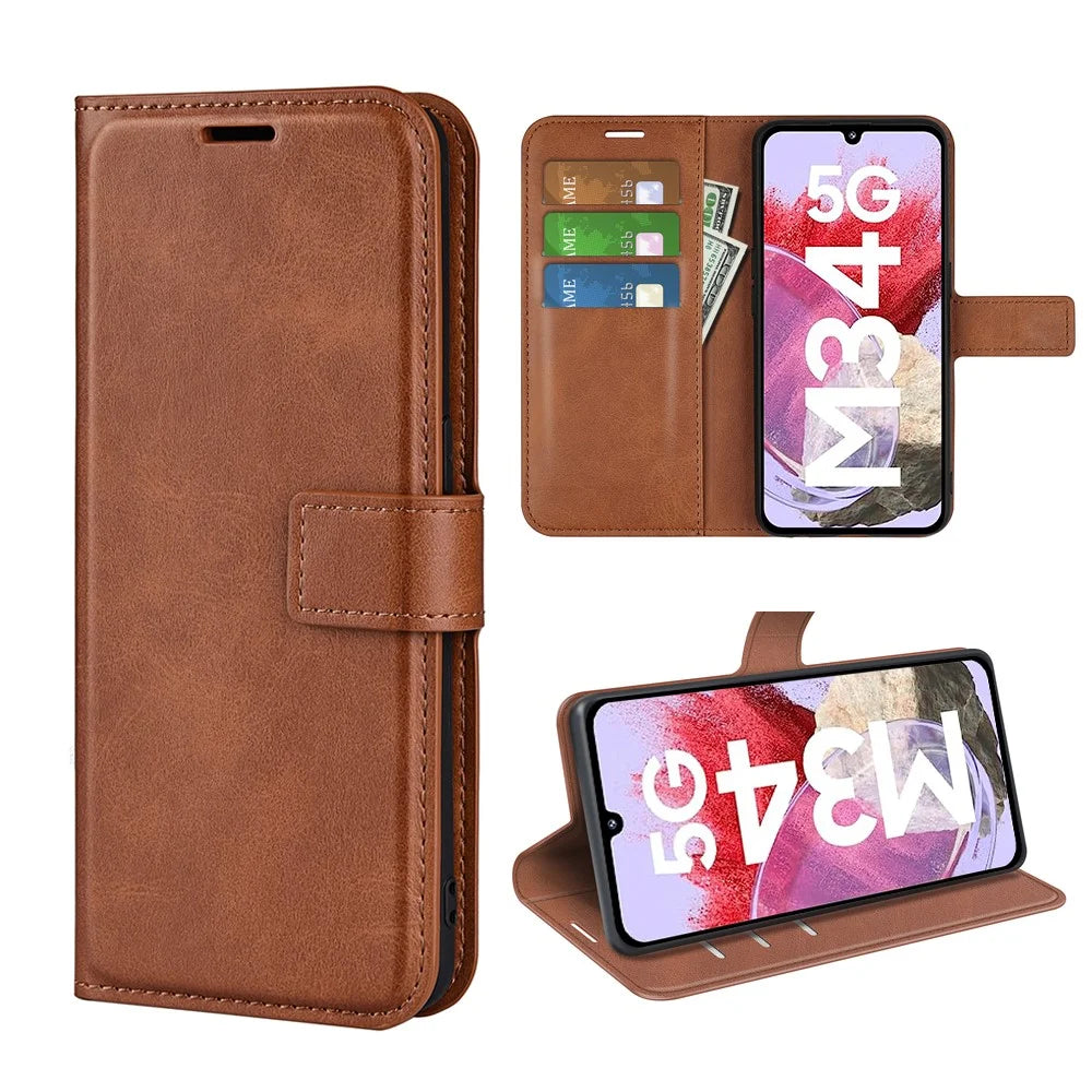 For Samsung Galaxy F34 5G / M34 5G Calf Texture Wallet Stand Cell Phone Cover Magnetic Closure PU Leather Case - Light Brown - 5