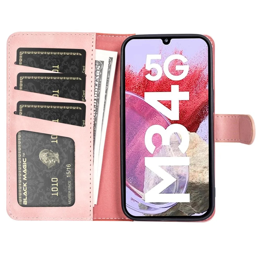 Dual-color Splicing Phone Case for Samsung Galaxy F34 5G / M34 5G Leather Wallet Stand Anti-scratch Cover - Pink - 2