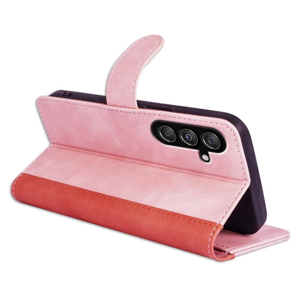 Dual-color Splicing Phone Case for Samsung Galaxy F34 5G / M34 5G Leather Wallet Stand Anti-scratch Cover - Pink - 3