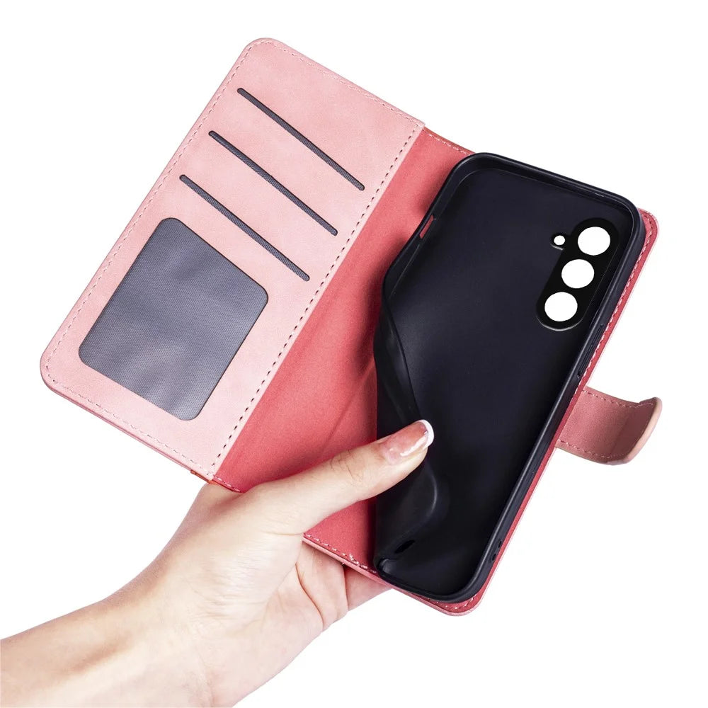 Dual-color Splicing Phone Case for Samsung Galaxy F34 5G / M34 5G Leather Wallet Stand Anti-scratch Cover - Pink - 5