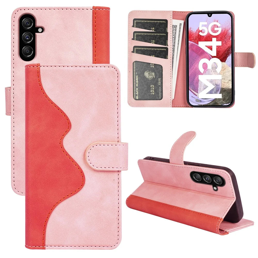 Dual-color Splicing Phone Case for Samsung Galaxy F34 5G / M34 5G Leather Wallet Stand Anti-scratch Cover - Pink - 6