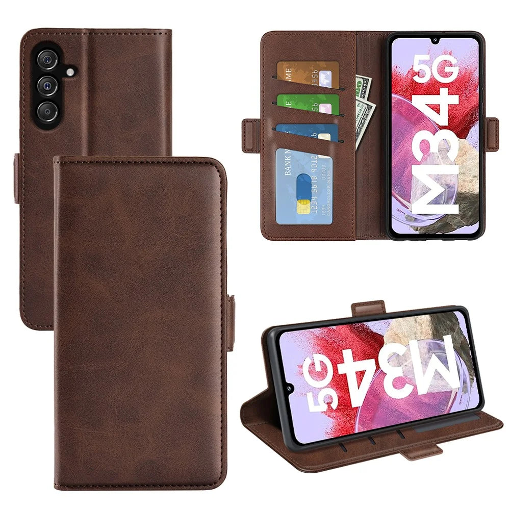 For Samsung Galaxy F34 5G / M34 5G Calf Texture Phone Case Supporting Stand Wallet Leather Phone Cover - Brown - 5
