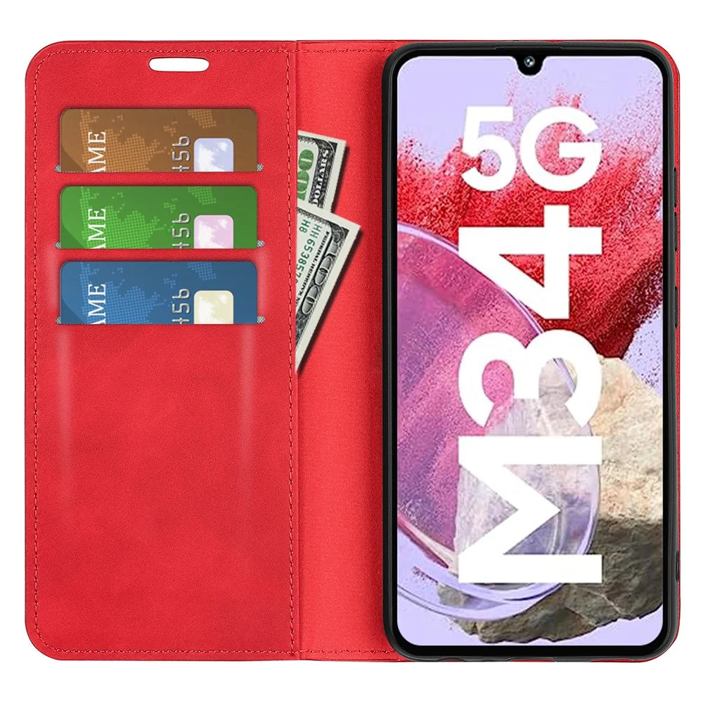 For Samsung Galaxy F34 5G / M34 5G Anti-Scratch Skin-touch Wallet PU Leather Phone Case Stand Mobile Phone Cover - Red - 2