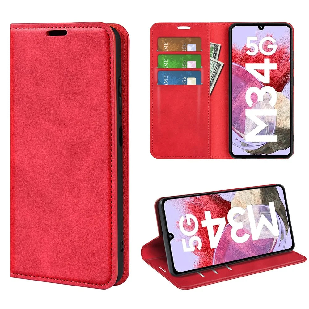 For Samsung Galaxy F34 5G / M34 5G Anti-Scratch Skin-touch Wallet PU Leather Phone Case Stand Mobile Phone Cover - Red - 5