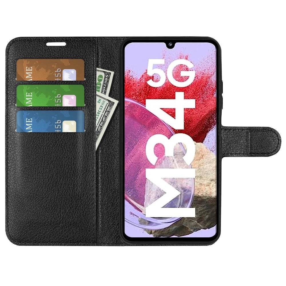 For Samsung Galaxy F34 5G / M34 5G Phone Case Anti-Scratch Stand PU Leather Wallet Litchi Texture Protective Cover - Black - 2