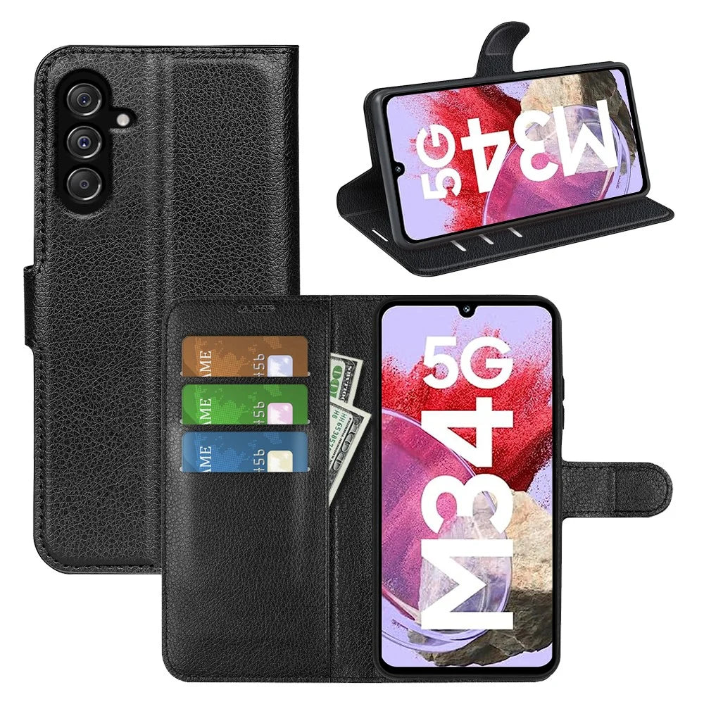 For Samsung Galaxy F34 5G / M34 5G Phone Case Anti-Scratch Stand PU Leather Wallet Litchi Texture Protective Cover - Black - 6