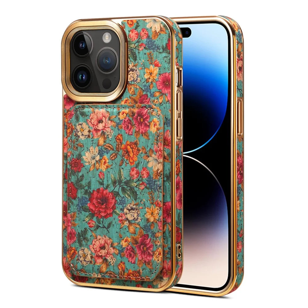 For iPhone 15 Pro Max Card Slots Kickstand Phone Case PU Leather Coated PC+TPU Flower Pattern Printed Cover - Blue - 1