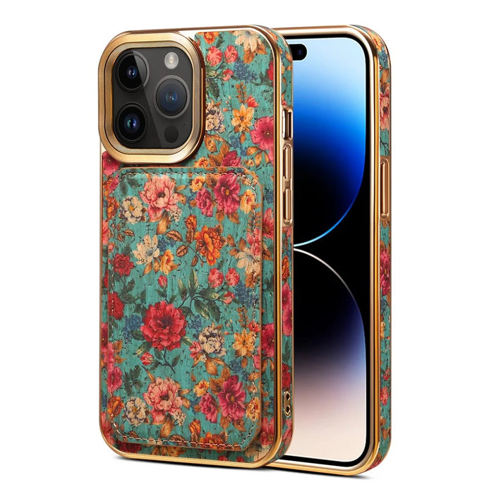 For iPhone 15 Pro Max Card Slots Kickstand Phone Case PU Leather Coated PC+TPU Flower Pattern Printed Cover - Blue - 1