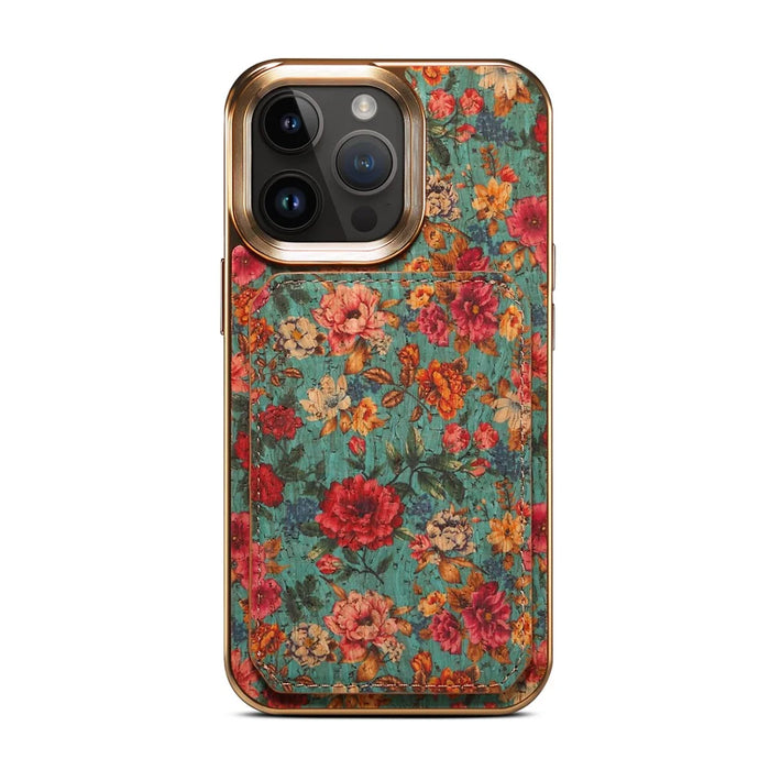 For iPhone 15 Pro Max Card Slots Kickstand Phone Case PU Leather Coated PC+TPU Flower Pattern Printed Cover - Blue - 2