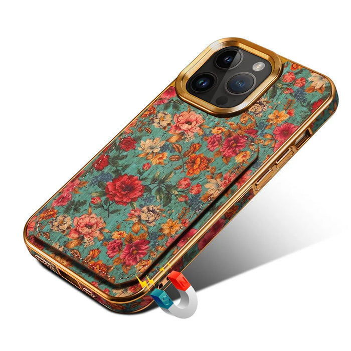 For iPhone 15 Pro Max Card Slots Kickstand Phone Case PU Leather Coated PC+TPU Flower Pattern Printed Cover - Blue - 3