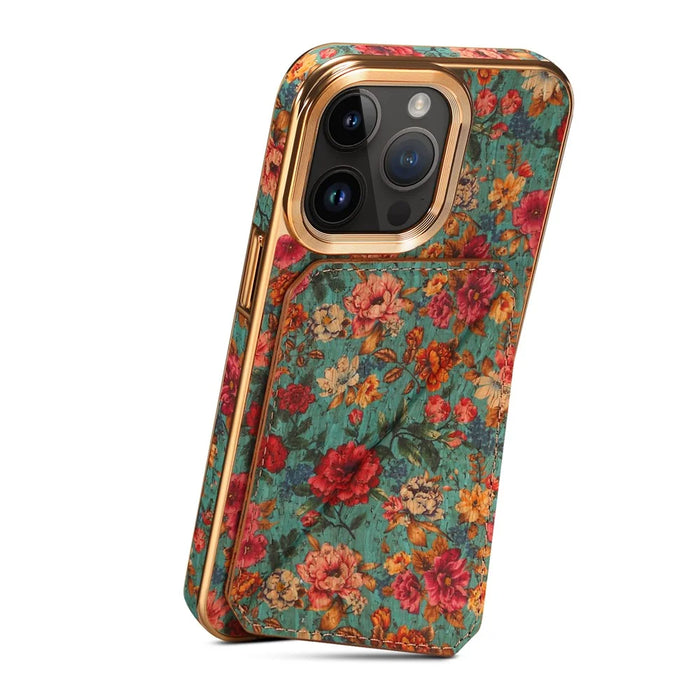 For iPhone 15 Pro Max Card Slots Kickstand Phone Case PU Leather Coated PC+TPU Flower Pattern Printed Cover - Blue - 4